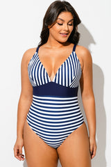 Navy Blue Stripe V-Neck One Piece Swimsuit