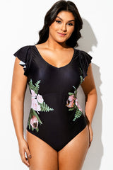 Black Floral Print Ruffle V-Neck One Piece Swimsuit