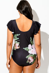 Black Floral Print Ruffle V-Neck One Piece Swimsuit
