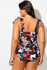 Square Neck Floral Binding Knotted One Piece Swimsuit