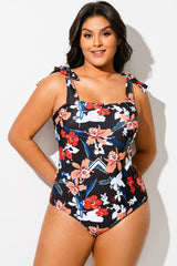 Square Neck Floral Binding Knotted One Piece Swimsuit