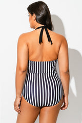 Black & White Halter Striped One Piece Swimsuit
