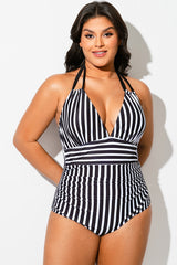 Black & White Halter Striped One Piece Swimsuit