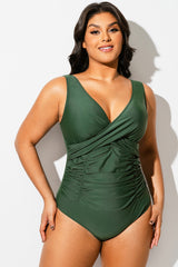 Solid Green V-Neck Ruched One Piece Swimsuit