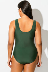 Solid Green V-Neck Ruched One Piece Swimsuit