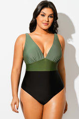 Green Colorblock V-Neck One Piece Swimsuit