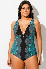 Blue Ombre Lace Print V-Neck One Piece Swimsuit
