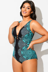 Blue Ombre Lace Print V-Neck One Piece Swimsuit