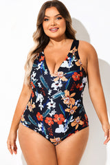 Floral Print V-Neck Strappy One Piece Swimsuit