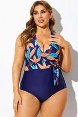 Tropical Print V-Neck Crossback One Piece Swimsuit