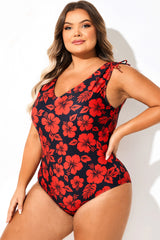 Red Floral Print V-Neck One Piece Swimsuit