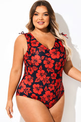 Red Floral Print V-Neck One Piece Swimsuit
