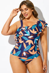 Blue Leaf Print Asymmetric One Piece Swimsuit