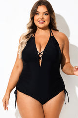 Plus Size Solid Black Halter One Piece Swimsuit