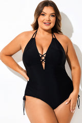 Plus Size Solid Black Halter One Piece Swimsuit