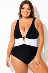 Black & White V-Neck Skinny One Piece Swimsuit