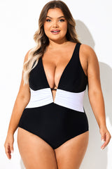 Black & White V-Neck Skinny One Piece Swimsuit