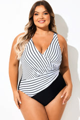 Black & White Striped Wrap One Piece Swimsuit