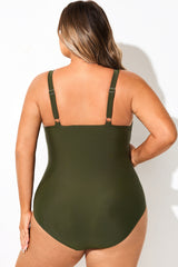Green Shirred V-Neck Underwire One Piece Swimsuit