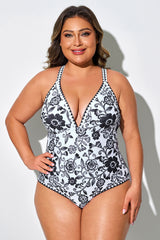 Black & White Porcelain Floral Patterned One Piece Swimsuit