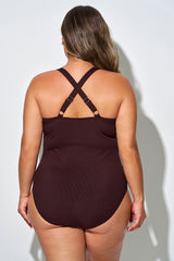 Solid Brown Comfort Fabric One Piece Swimsuit