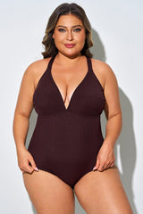 Solid Brown Comfort Fabric One Piece Swimsuit