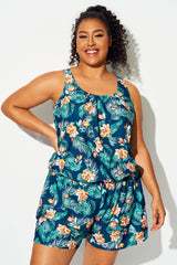 Plus Size Tropical Flower Print Pockets One Piece Swimsuit