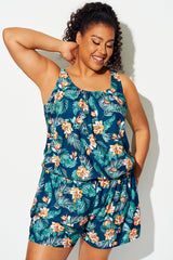 Plus Size Tropical Flower Print Pockets One Piece Swimsuit
