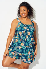 Plus Size Tropical Flower Print Pockets One Piece Swimsuit