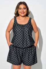 Plus Size Black Check Slanted Pockets One Piece Swimsuit