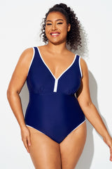 Plus Size Dark Blue Elegant V-Neck One Piece Swimsuit