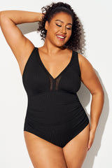 Plus Size Black Mesh Splicing One Piece Swimsuit