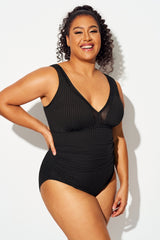 Plus Size Black Mesh Splicing One Piece Swimsuit
