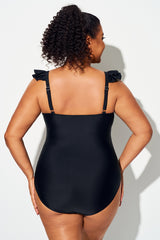 Plus Size Solid Black Ruffles One Piece Swimsuit