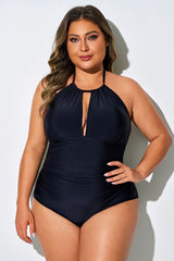 Solid Black Hollow Out Halter One Piece Swimsuit
