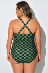 Green Check Cross Back Straps One Piece Swimsuit