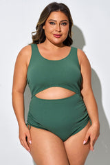 Plus Size Dark Green Front & Back Cutout Swimsuit
