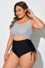 Black & White Striped Front & Back Cutout One Piece Swimsuit