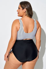 Black & White Striped Front & Back Cutout One Piece Swimsuit