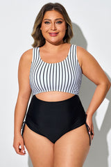 Black & White Striped Front & Back Cutout One Piece Swimsuit