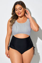 Black & White Striped Front & Back Cutout One Piece Swimsuit