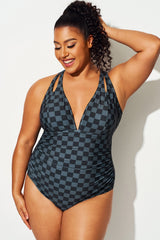 Black Check Shoulder Cutout One Piece Swimsuit