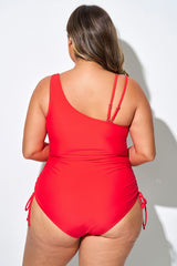 Plus Size Red Asymmetrical Neck One Piece Swimsuit