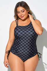 Black Check Asymmetrical Neck One Piece Swimsuit
