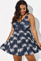 Dusty Blue Floral Print V-Neck Swimdress
