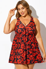 Red Floral Print Tie Front V-Neck Swimdress