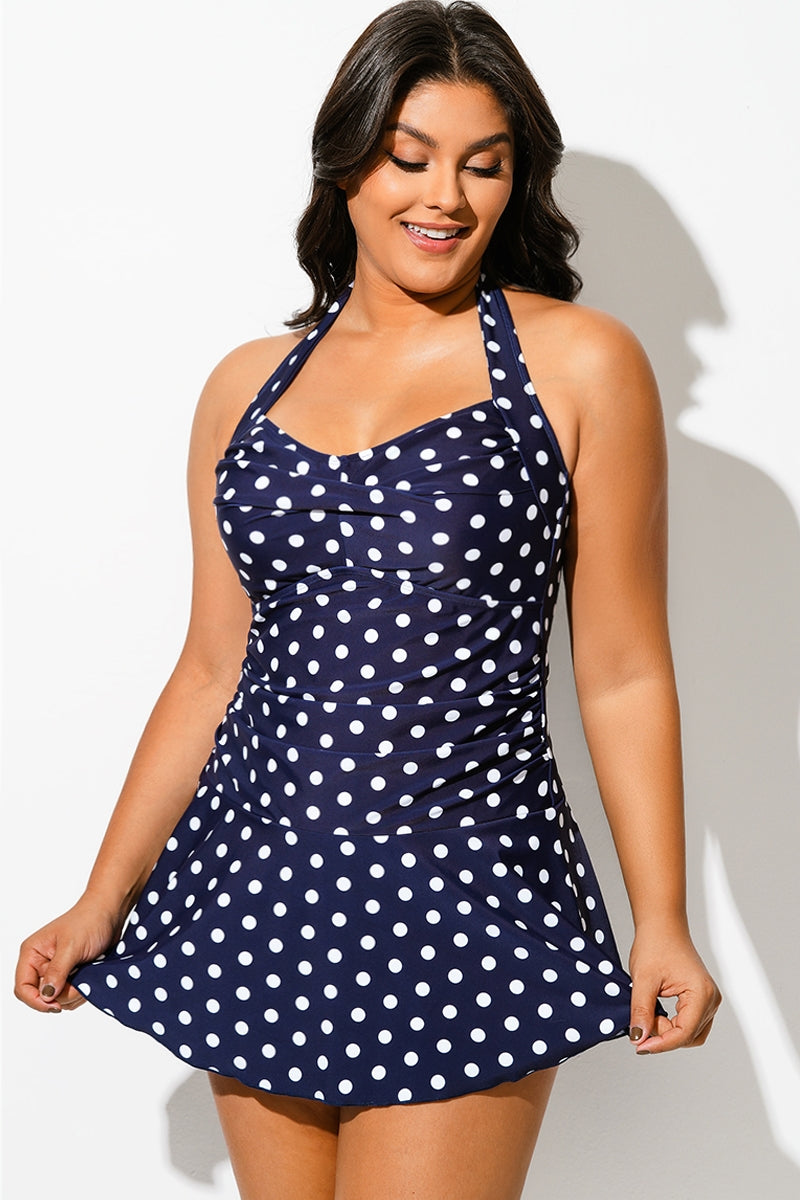 Navy Halter Sweetheart Polka Dot Sexy Swimdress