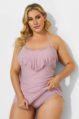 Solid Pink Fringe Ruffle Hem Bandeau Swimdress
