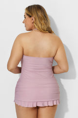Solid Pink Fringe Ruffle Hem Bandeau Swimdress