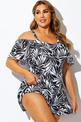 Black Floral Printed Off-the-Shoulder Swimdress